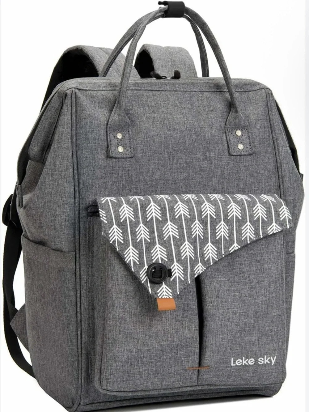 Women's Gray Backpack Tote - Modern Arrow Flap Design